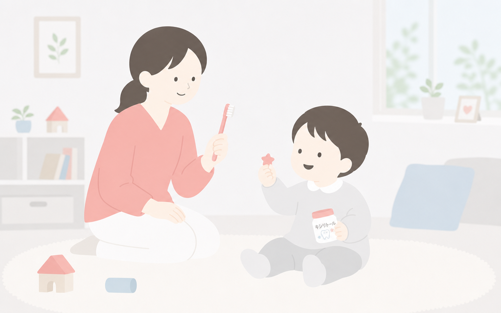子どもへの活用シーン ― 仕上げ磨きのご褒美にのイメージ図