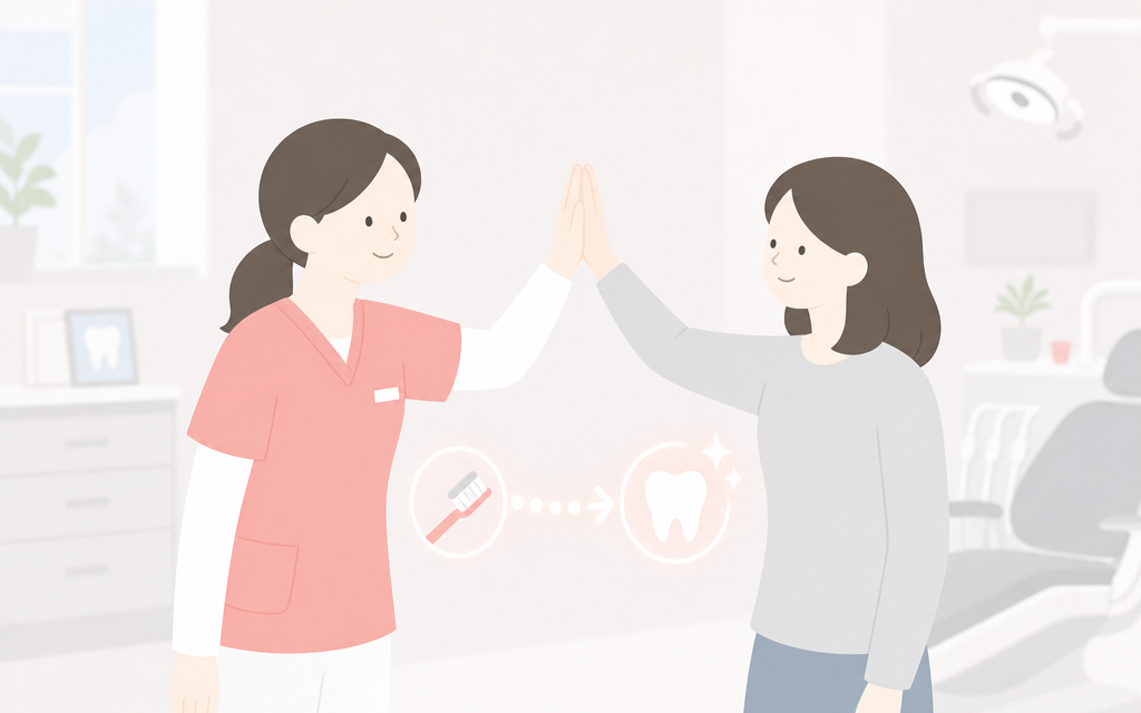こうの歯科｜こうの歯科のエアフロー：一定の基準を満たした方への“ワンランク上”の予防を表すイラスト（大人・予防歯科）