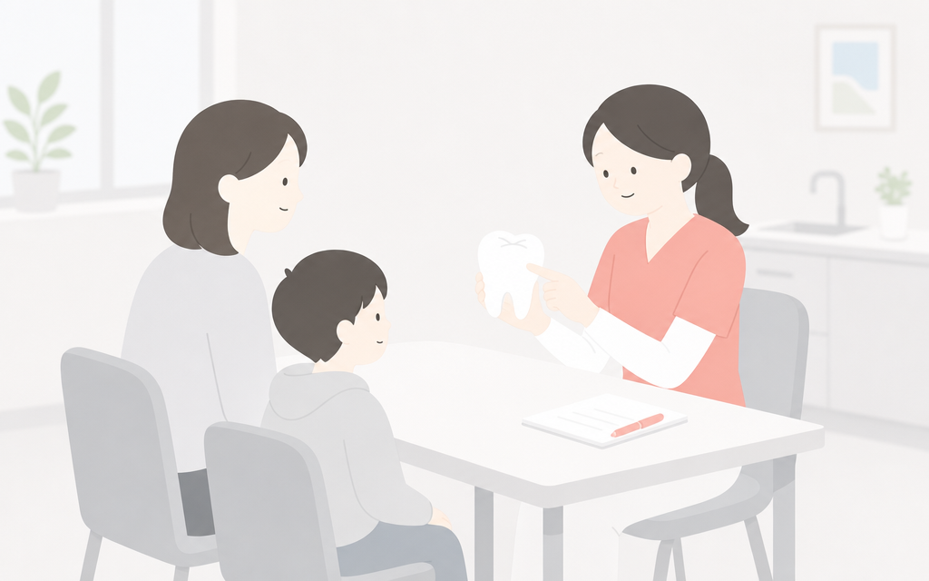 こうの歯科｜よくあるご質問（FAQ）を表すイラスト（子ども・エアフロー・何歳から）