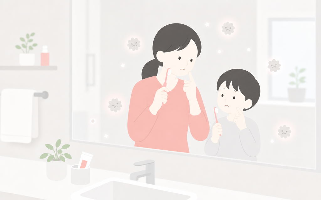 こうの歯科｜はじめに：歯磨き・仕上げ磨き、毎日がんばっているのに不安なのはなぜ？を表すイラスト（エアフロー・大人・予防歯科）