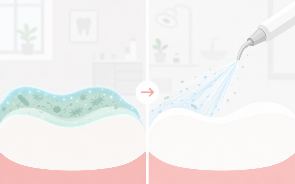 こうの歯科｜エアフローで落とせる3つの汚れと、バイオフィルムを取るべき理由を表すイラスト（大人・予防歯科）