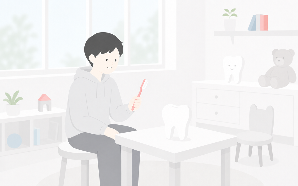 こうの歯科|自分で磨く子にオススメの歯ブラシを表すイラスト(染め出し液・プラークチェッカー・CIプラークチェッカー)