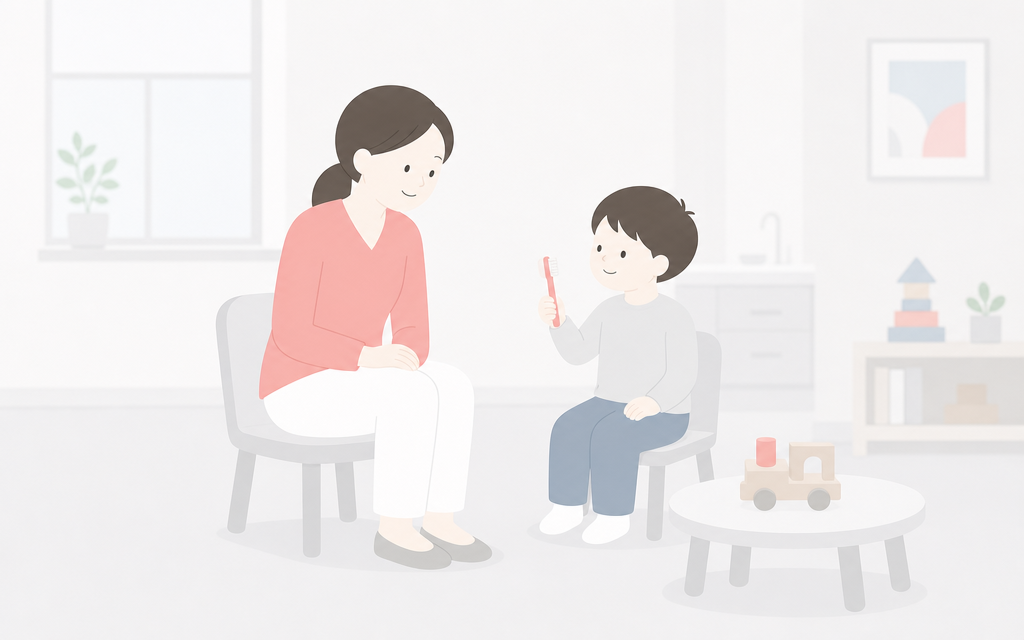 こうの歯科｜仕上げ磨き、毎日がんばっているのに不安なのはなぜ？を表すイラスト（子ども・エアフロー・何歳から）