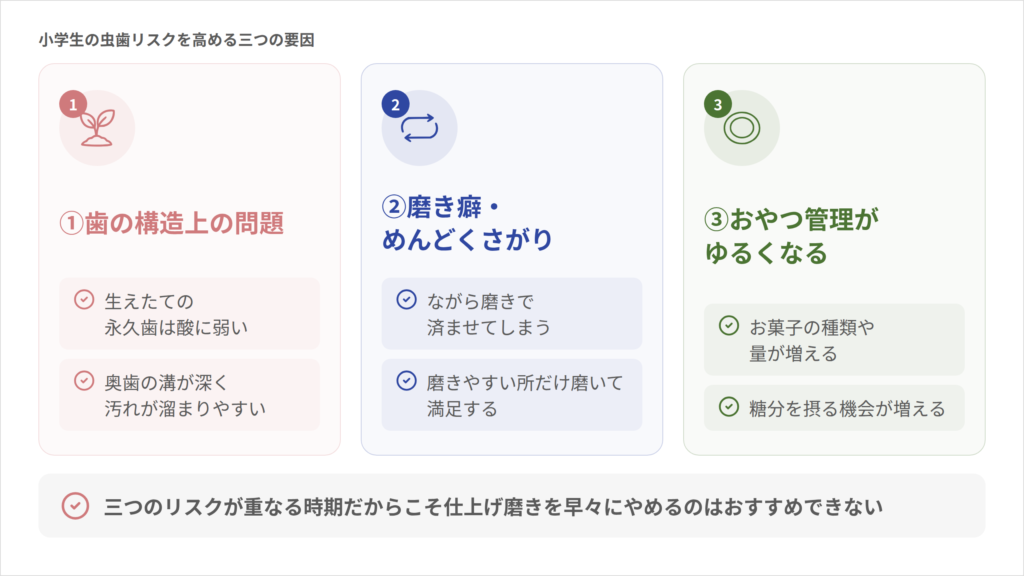 こうの歯科|小学生の虫歯リスクを高める三つの要因 の構造図:①歯の構造上の問題(生えたての永久歯は酸に弱い、奥歯の溝が深く汚れが溜まりやすい)/②磨き癖・めんどくさがり(ながら磨きで済ませてしまう、磨きやすい所だけ磨いて満足する)/③おやつ管理がゆるくなる(お菓子の種類や量が増える、糖分を摂る機会が増える)。結論: 三つのリスクが重なる時期だからこそ仕上げ磨きを早々にやめるのはおすすめできない(染め出し液・プラークチェッカー)