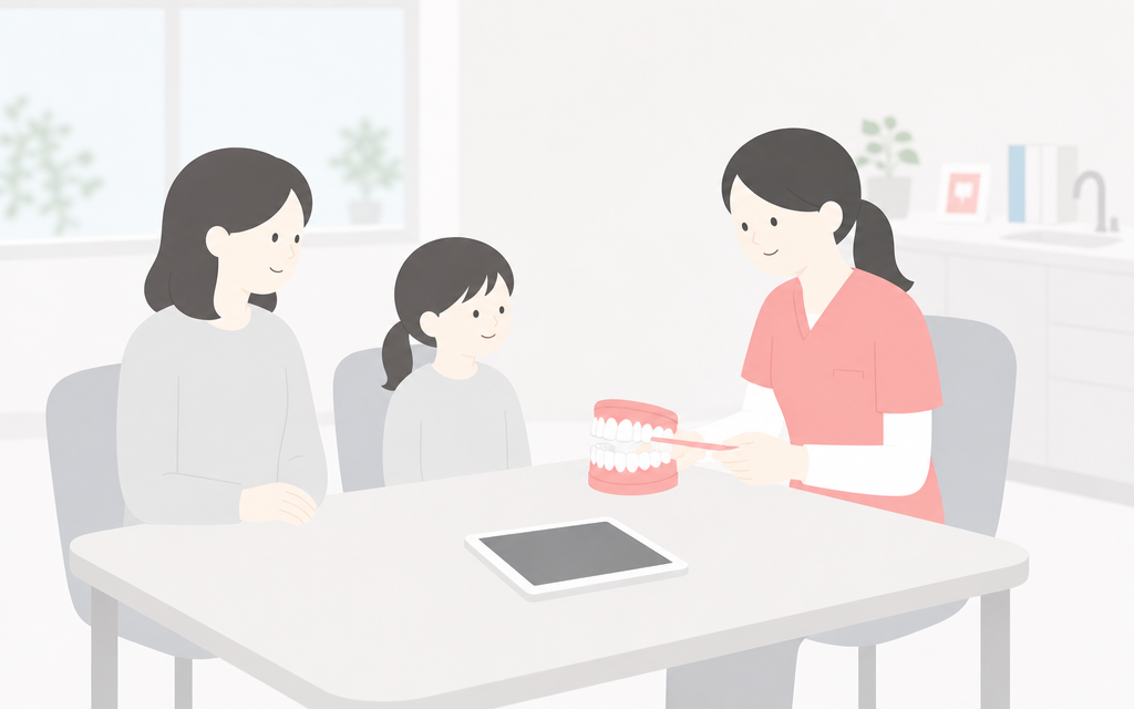 こうの歯科|現場で見ている現実――高学年になると仕上げ磨きは続かないを表すイラスト(染め出し液・プラークチェッカー・CIプラークチェッカー)